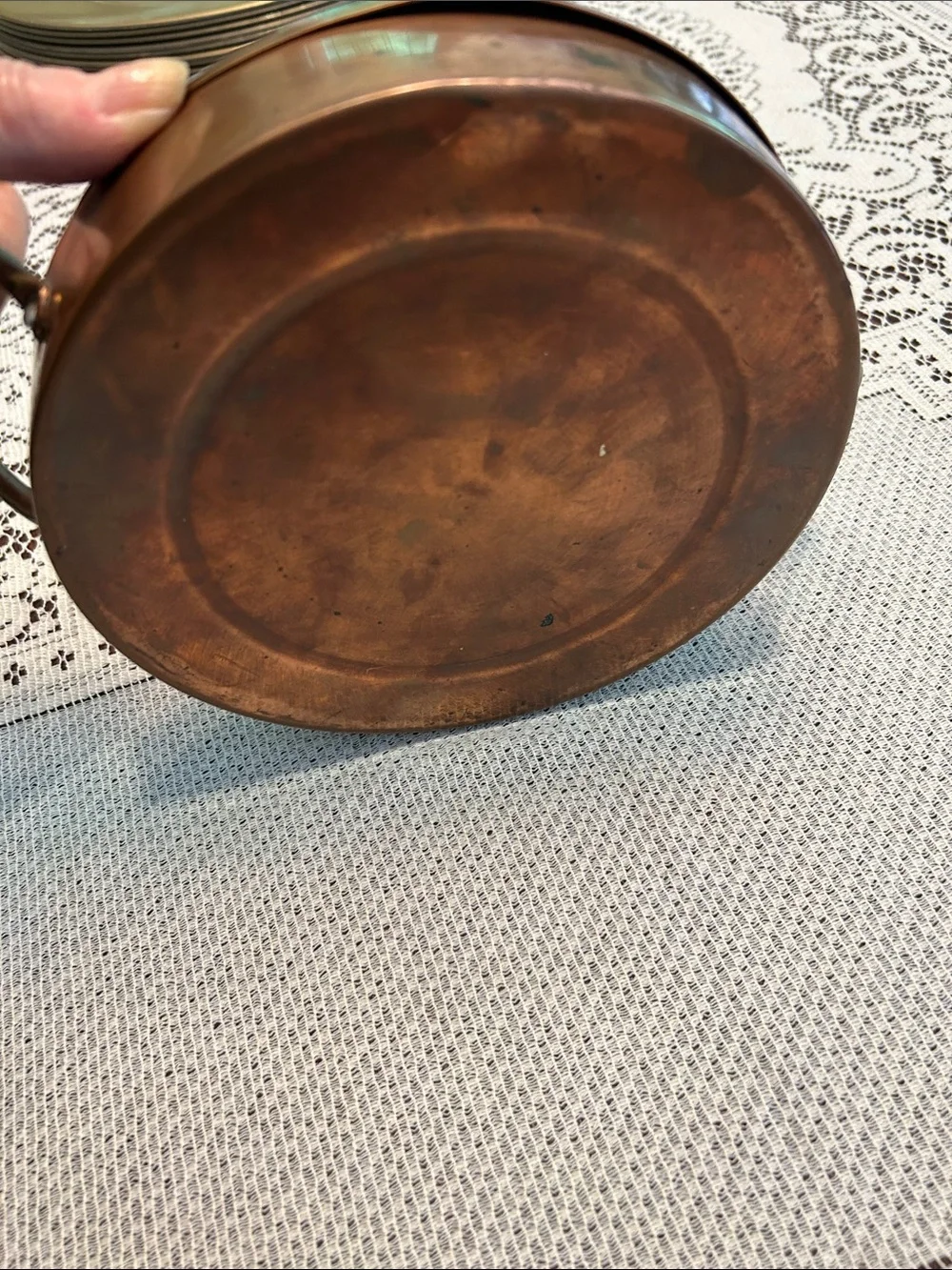 Vintage Antique Copper Two-Handled Covered Dish with White Knob 8” by 10”